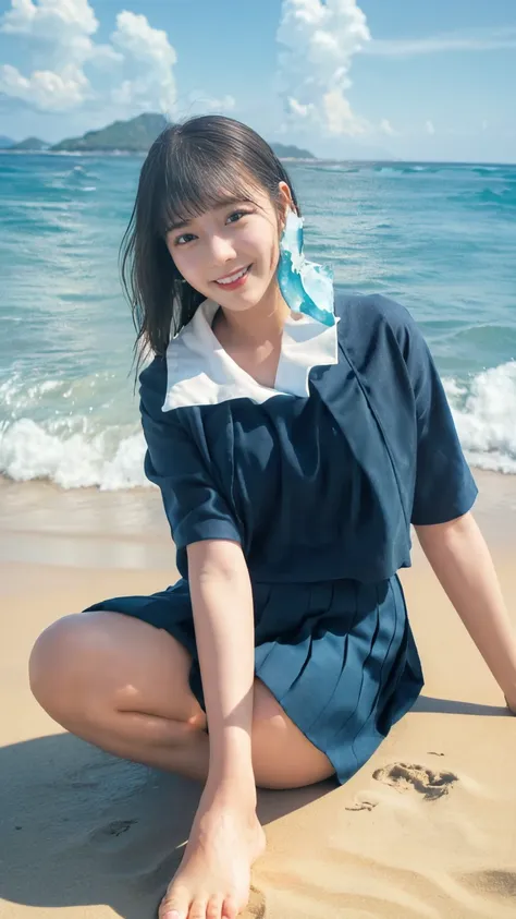 (((sunny day、japanese 、beach、a strong wind is blowing、her hair and skirt are flying、crouch down, scooping up seawater and spread...