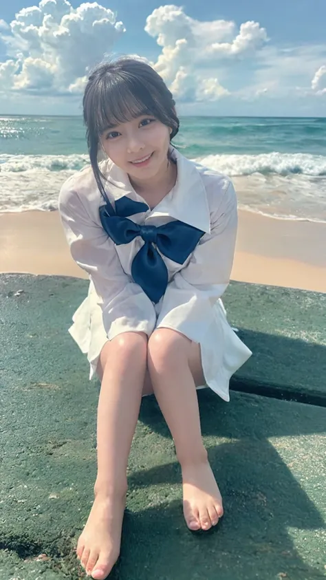 (((sunny day、japanese 、beach、a strong wind is blowing、her hair and skirt are flying、crouch down, scooping up seawater and spread...