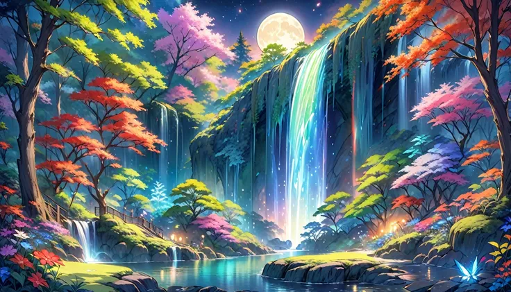 A fantastic night view with the light of the full moon gently illuminating the central waterfall.。The waterfall shines silver、The dark forest that surrounds it is filled with colorful, luminous plants and creatures.。The whole forest shines like magic、It cr...