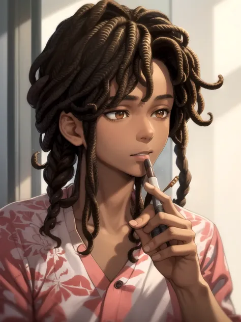 1boy, solo, blunt in hand, hawaiin shirt, brown skin color, messy look, (black hair), ((locs)), brown eyes, masterpiece, best quality, high quality, upper body, male focus,