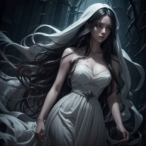 a girl with long dark hair flowing around her like ethereal tendrils, wearing a flowing white dress, the Cursed Maiden, dark and bewitched hair, haunting and beautiful, sorrow and curse, photorealistic, highly detailed, cinematic, dramatic lighting, muted ...