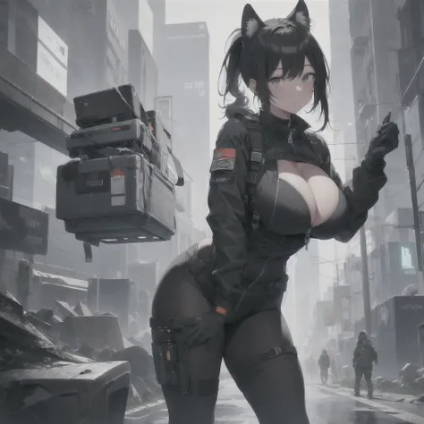 Absurd resolution, high resolution, (masterpiece: 1.4), hyper-detail, full body shot, full frontal camera perspective, solo, 1 kemono feline cat woman, humanoid, no skin other than neck and head shown, black hair, messy ponytail, cute face, detailed soft g...