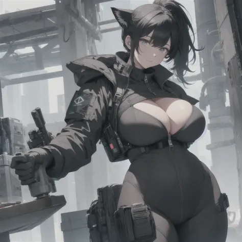 Absurd resolution, high resolution, (masterpiece: 1.4), hyper-detail, full body shot, full frontal camera perspective, solo, 1 kemono feline cat woman, humanoid, no skin other than neck and head shown, black hair, messy ponytail, cute face, detailed soft g...