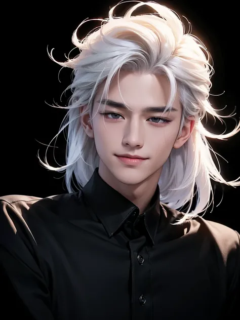 ((best quality, 8K, masterpiece: 1.3)), (sharp focus: 1.2), Handsome Korean man, white hair with bangs, Temptation, dangerous smile, Calm head, black shirt, black background, blank eyes