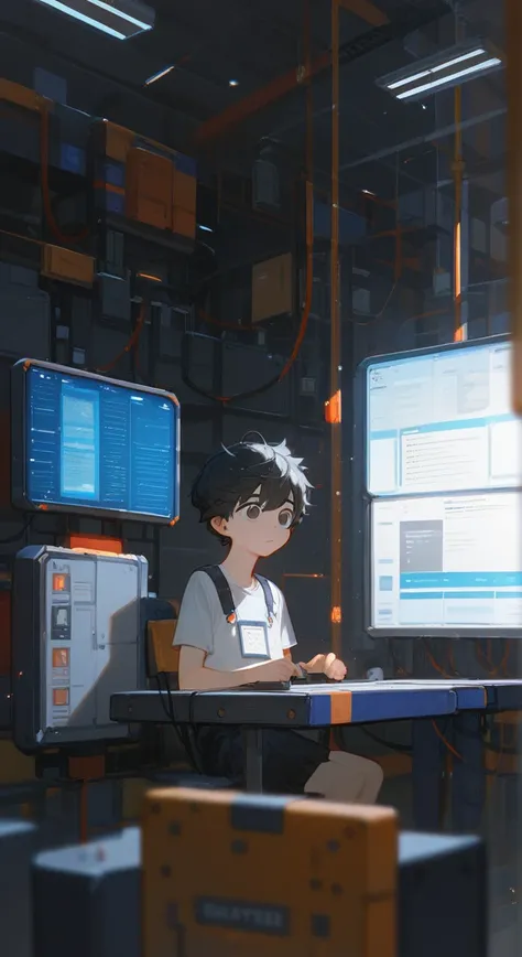 Ridiculous resolution, high resolution, (masterpiece: 1.4), Ultra Detail, Young man with messy short black hair, Welder Dress Up, Factory high-tech workbench, Tech-sensitive screen  