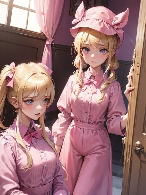 an adult woman, blonde with two pigtails with a bow each pink, pink jumpsuit dress, she has blue eyes, a pink hat on her head, she is upset in her room 