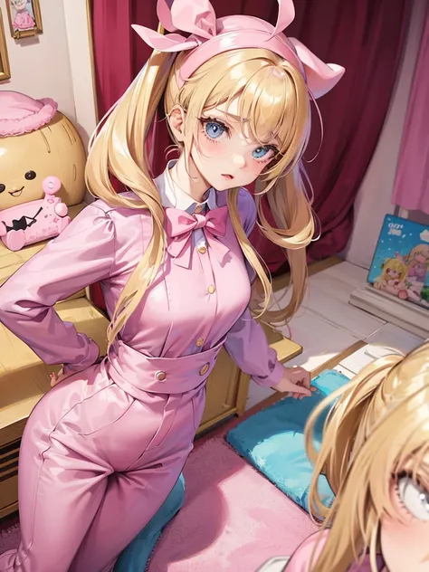 an adult woman, blonde with two pigtails with a bow each pink, pink jumpsuit dress, she has blue eyes, a pink hat on her head, she is upset in her room 