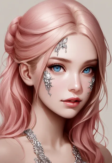 One girl, bangs, blue eyes, blonde, pink hair, glitter silver decorations on face, gray background, jewelry, lips, mole, parted lips, front view, realistic, simple background, solo