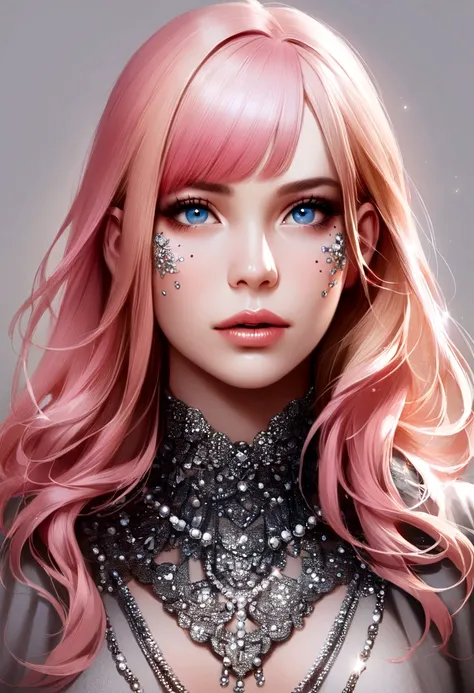 One girl, bangs, blue eyes, blonde, pink hair, glitter silver decorations on face, gray background, jewelry, lips, mole, parted lips, front view, realistic, simple background, solo