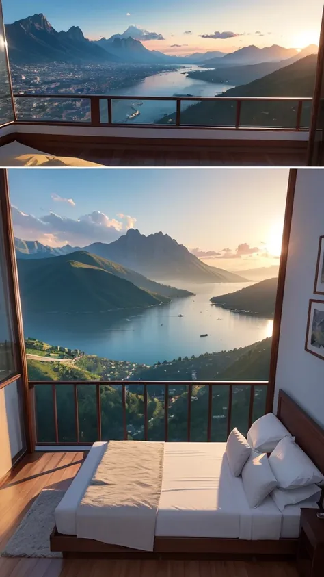 (masterpiece,Highest quality:8K) Affordable bedroom with mountain views and balcony, Beautiful views, A soothing and comfortable landscape, Detailed view, Instagram photos Nice views, beautifully、aesthetic, Beautiful nature in the background, Amazing scene...