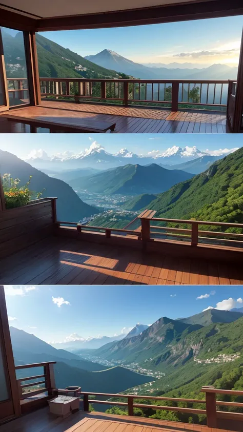 (masterpiece,Highest quality:8K) Affordable bedroom with mountain views and balcony, Beautiful views, A soothing and comfortable landscape, Detailed view, インスタグラムの写真 Nice views, beautifully、aesthetic, Beautiful nature in the background, Amazing scenery in ...