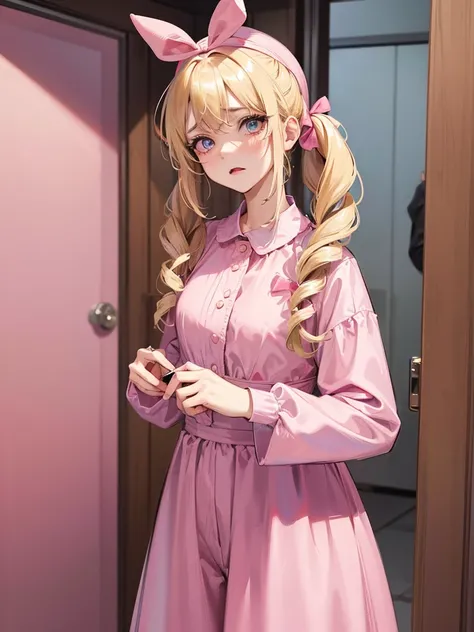 an adult woman, blonde with two pigtails with a bow each pink, pink jumpsuit dress, she has blue eyes, a pink hat on her head, she is upset in her room 