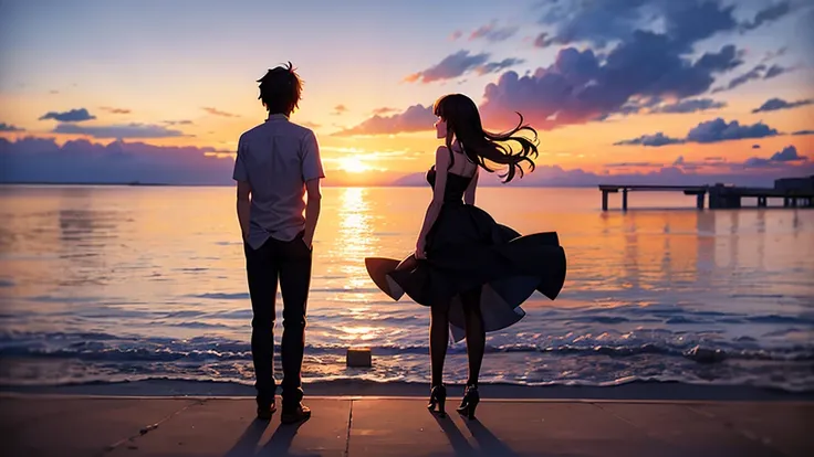 Full-body silhouette of a young couple watching a big sunset on a pier. Realistic anime touch