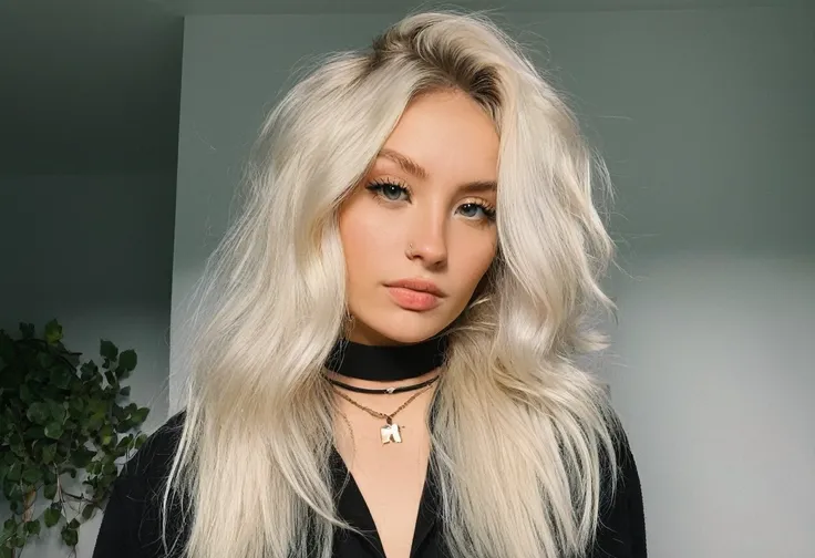 глядя прямо в камеру, зернистость, текстура кожи, instagram selжie oж a woman with long loose blonde hair wearing a choker,eveni...