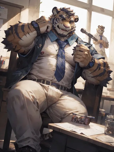 furry character，A very tall and strong tiger，His fur is white，He is a high school student，Hes wearing a school uniform，He is listening to a lecture in the classroom，His hands were resting on the desk and supporting his head，He has a sunny and cheerful appe...