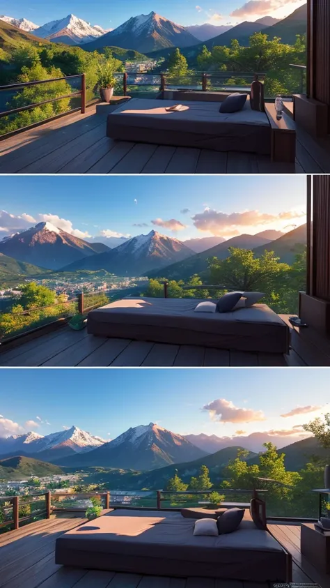 (masterpiece,Highest quality:8K) Affordable bedroom with mountain views and balcony, Beautiful views, A soothing and comfortable landscape, Detailed view, インスタグラムの写真 Nice views, beautifully、aesthetic, Beautiful nature in the background, Amazing scenery in ...