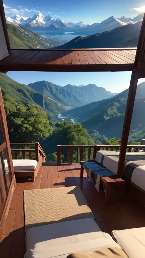 (masterpiece,Highest quality:8K) Affordable bedroom with mountain views and balcony, Beautiful views, A soothing and comfortable landscape, Detailed view, インスタグラムの写真 Nice views, beautifully、aesthetic, Beautiful nature in the background, Amazing scenery in ...