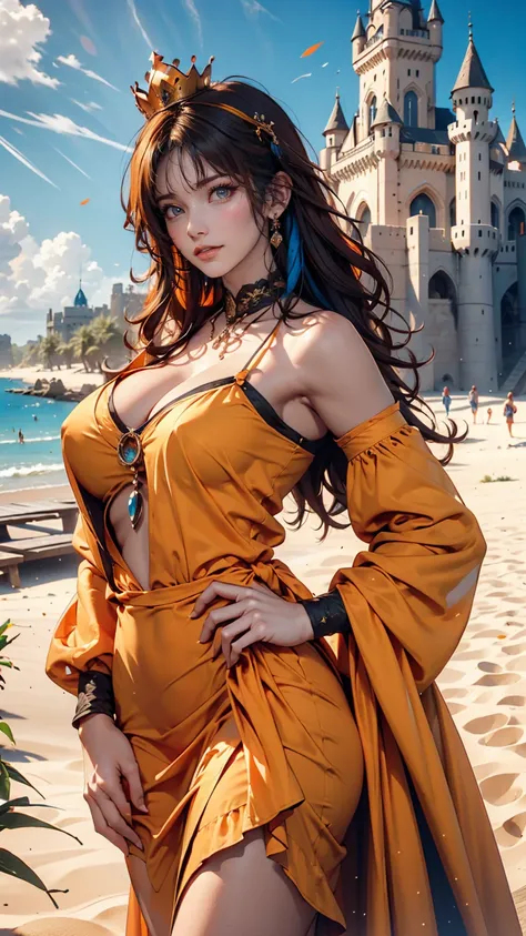 masterpiece, Highest quality, alone, One girl, Orange Hair, Blue Hair, :d, Orange Dress, View your viewers, Outdoor, sand, sand dunes, Huge castle, Crown, Are standing, whole body, Cowboy Shot, Hands on hips, 