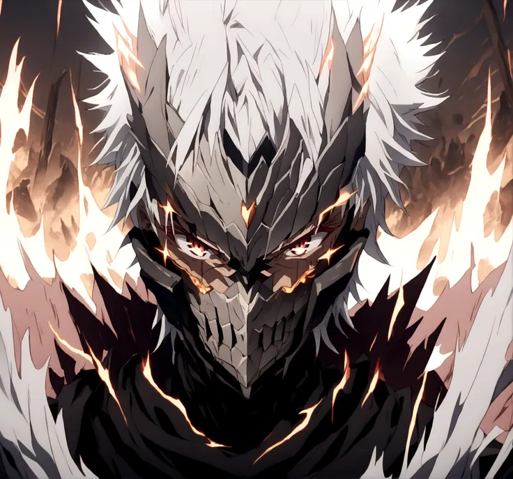 black armor, white hair, red eyes, white messy spiky hair, black sword, extreme aura, serious face expression, black armored fac...