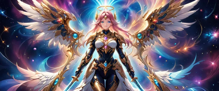 arafed a warrior angel in space battling in outer space, a female angel knight, magnificent beauty, divine beauty, dynamic hair ...