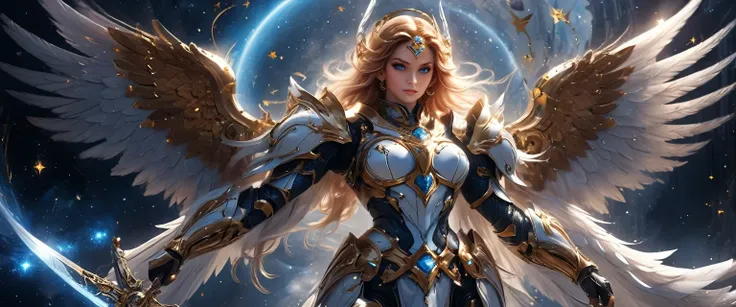 arafed a warrior angel in space battling in outer space, a female angel knight, magnificent beauty, divine beauty, dynamic hair color, dynamic hair color, dynamic eye color, intent gaze, she wears intricate space armor, with intricate mechanic parts, white...