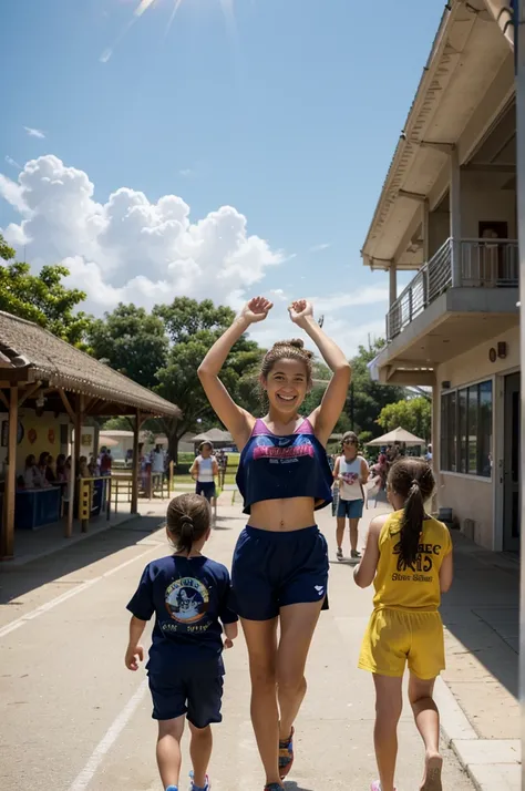 italy. Create a highly realistic scene of a 13 year old Italian girl surrounded by younger children as they enter a water sports center on a sunny day. The group heads towards the entrance, full of excitement and anticipation.

 The 13-year-old girl stands...