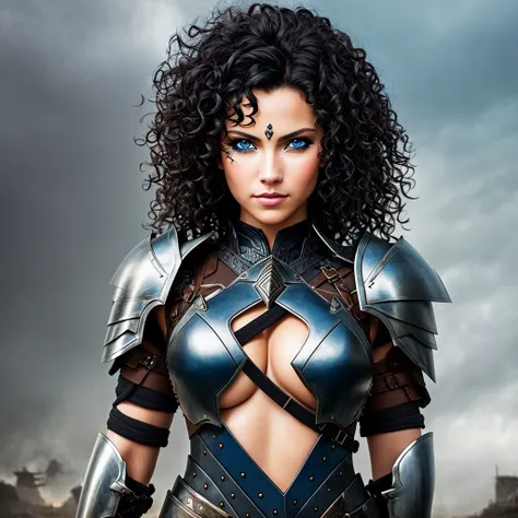 create photograph, of a woman wearing armor and sexy, black curly hair long, tan skin, blue eyes, eyepatch, warrior, fantasy, pefect face, masterpiece