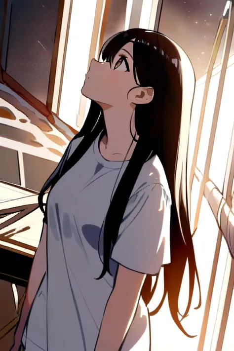 best quality, highres,Slender、Brown eyes、tall、Black Hair、(Long Hair:1.3),Straight Hair、7 life size、、white short sleeve t-shirt、slouch、Looking up