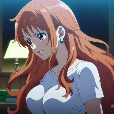 1girl, female nami, anime screencap from one piece, nami female version, solo, red eyes ((red_hair) ((long hair)), night view, (...