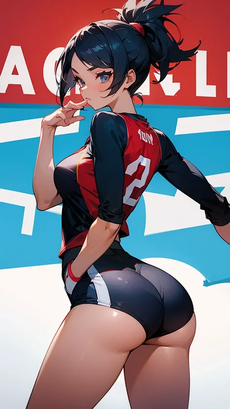 A hot girl, volleyball player with short shorts showing the edge of her big ass 