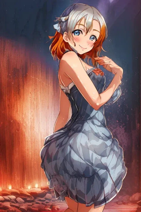 masterpiece, best quality, cowboy shot, from behind, looking back,wallpaper, kousaka honoka,orange hair , blue eyes, ((short silver bodycon dress)), strapless,latex, cute smile , hair ornaments, (curvy body), standing for interview,red carpet
