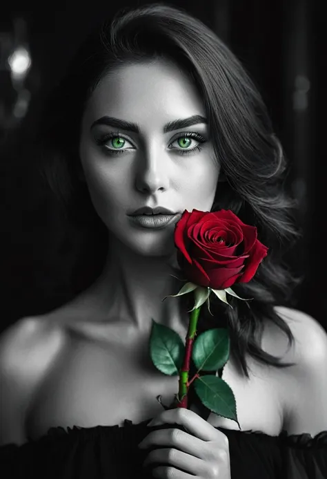 black and white, a woman with  green eyes, flawless skin, half body shot, holding a dark red rose, whimsical photography style, captured with an Arriflex 35BL camera using Canon K25 prime lenses, cinematic, dramatic lighting, ultra clear, breathtaking surr...