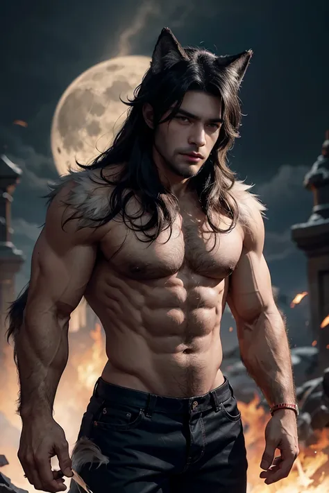 A werewolf with a wolf face and a body covered in muscular wolf fur