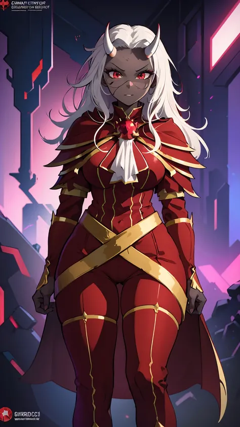 1 girl,dark skin,white armor,red rgb led clothes,huge breasts,open bust,white hair,colored skin,rgb trim,busty,high resolution,4k,futuristic,horns,calamitas,gamer,horns,look atviewer, sinister,smug,hi quality,top quality,perfect body,artstation