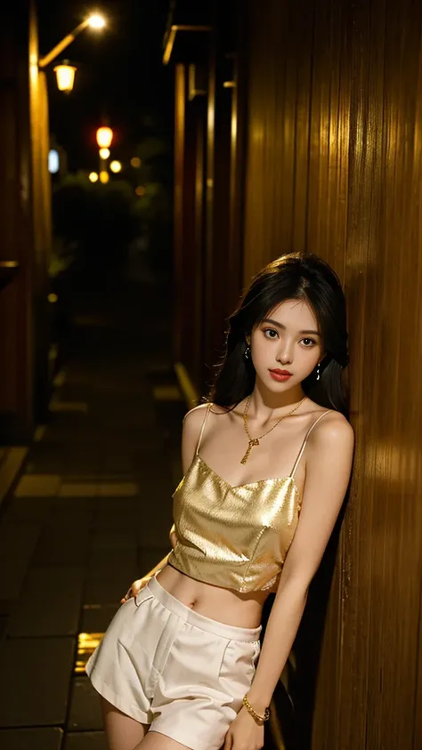 one girl,Beutiful women, In a corner of Kyoto,At night,Wearing a white camisole,long hair, wear a golden necklace,Wear silver earrings,Wear a gold bangle