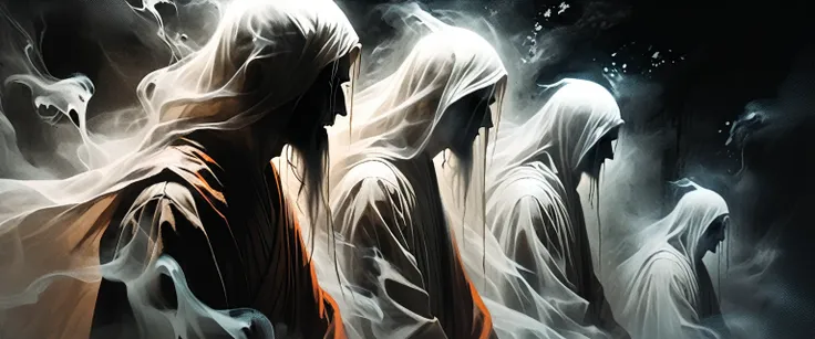 ((side view):2),close up portrait of line ghosts of Buddhist monks, many ghosts, without faces, shadows, night, jungle, fog, opened mouth,  graphic style of novel comics,dark novel style, comic, 2d, 8k, hyperrealism, masterpiece, high resolution, best qual...