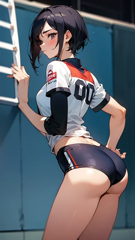 A sexy girl, volleyball player with very short shorts showing the edge of her big ass 