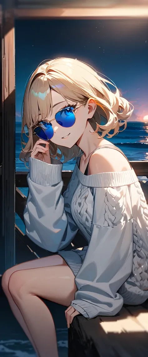 (((One girl))), (((portrait, face))), ((outward curled hair)), from side:1.3, sea, beach, Sunset, evening, ((Sitting on a cliff)), head tilt:1.3, ((aran sweater)), wavy hair, blond hair, ((sunglasses, hand to sunglasses)), (bob cut:1.3)), breasts, standard...