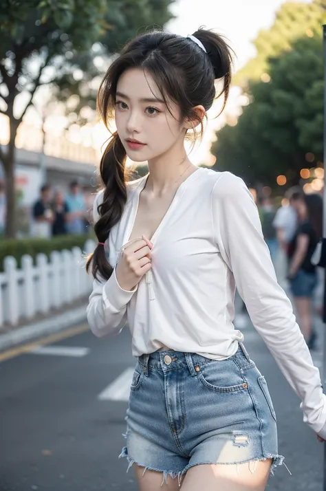 (((best quality))),(((ultra detailed))),(((masterpiece))),illustration,((1 beautiful girl,solo)),((slim,thin)),((small breasts,flat chest)), outside school gate, summer twilight, sunlight,(short ponytail:1.3),(claviclies,cleavage),((white long-sleeved shir...