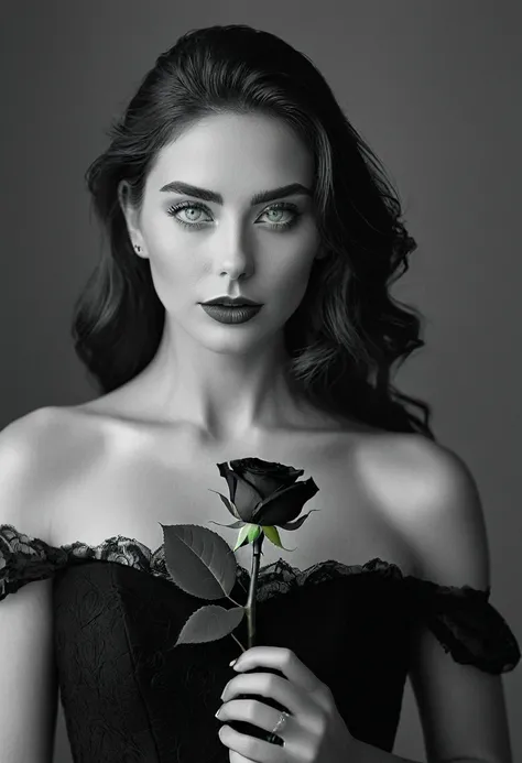 black and white, a woman with  green eyes, flawless skin, half body shot, holding a black rose, whimsical photography style, captured with an Arriflex 35BL camera using Canon K25 prime lenses, cinematic, dramatic lighting, ultra clear, breathtaking surreal...