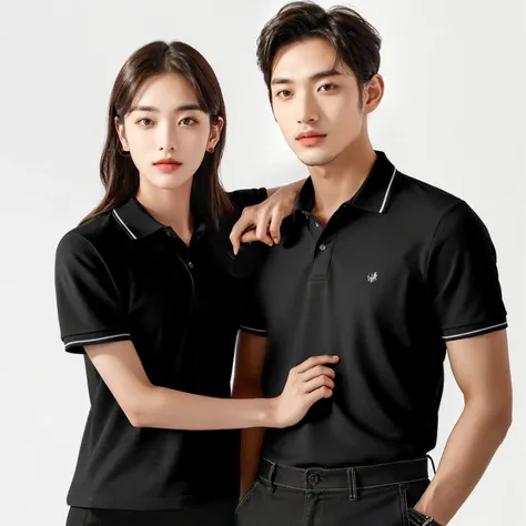 Man and woman wearing black polo shirts，Woman&#39;s hand on man&#39;s arm，