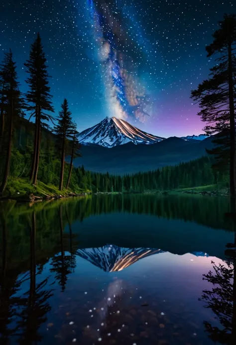 Fantastic wild world in 8K high definition,
under the starry sky, at the edge of a crystal clear lake, a cozy tent, illuminated by the warmth of a fire, beckons travelers. A dense forest strewn with stars spreads around, and the Milky Way, as if inviting y...