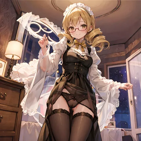 Slim woman wearing glasses、Show your underwear、Sheer lace underwear、Long maid outfit、Mami Tomoe、smile、Bedroom、Are standing