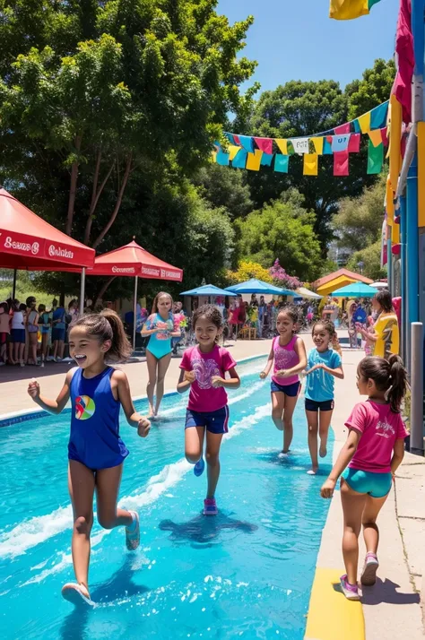 italy. Create a highly realistic scene of a 13 year old Italian girl surrounded by younger children as they enter a water sports center on a sunny day. The group heads towards the entrance, full of excitement and anticipation.

 The 13-year-old girl stands...