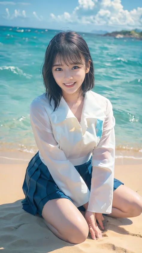 (((sunny day、japanese 、beach、a strong wind is blowing、her hair and skirt are flying、crouch down, scooping up seawater and spread...