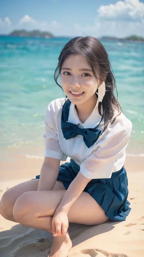 (((sunny day、Japanese 、Beach、A strong wind is blowing、Her hair and skirt are flying、Crouch down, Scooping up seawater and spreading your hands、Traditional navy blue sailor uniform、White blouse、Pleated skirt、Scooping seawater with hands:1.25、splash、Splashin...