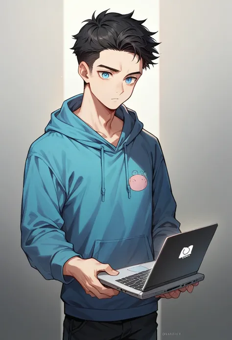 An anime-style cool young man with loosely combed swept back SHORT bluely black hair and visible forehead, sharp blue eyes, in hoodie, standing straight, holding a laptop PC, electronic near-future vibe.