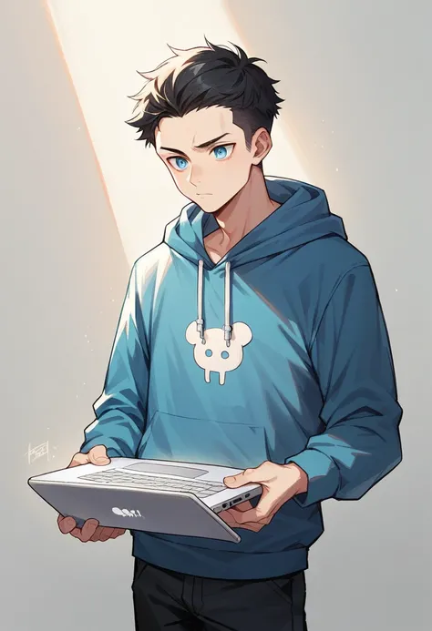 An anime-style cool young man with loosely combed swept back SHORT bluely black hair and visible forehead, sharp blue eyes, in hoodie, standing straight, holding a laptop PC, electronic near-future vibe.