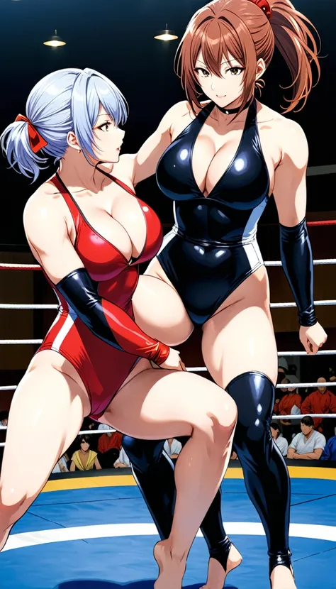 (in style of Takeshi Obata:1.3),
(+18) , (Top quality, masterpiece), Japanese personal model, colossal, freestyle Wrestling suit, two enchanting women, breast cleavage, dojo, image quality at the highest level, in a close and intense fight, 