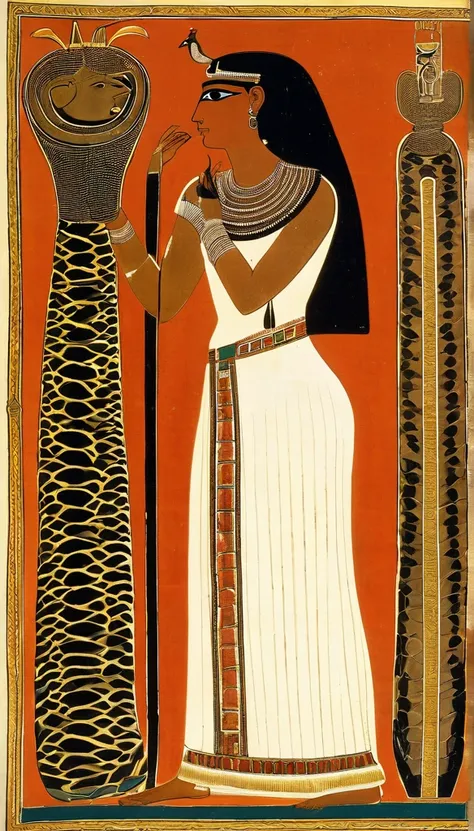 Femme égyptienne , avec une grosse poitrine, une peau de serpent, de lÉgypte antique, dans un temple égyptien, porte une robe rouge et couleur sable, épousant le corps, a de long cheveux raide noirs orné de nombreux bijoux,  la femme est enceinte de serpen...